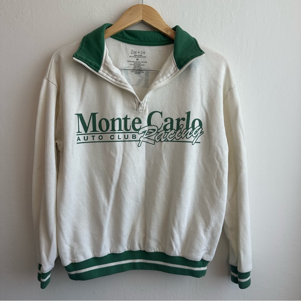 Zoe + Liv Green and White Zip Up Sweater with Sporty Accents